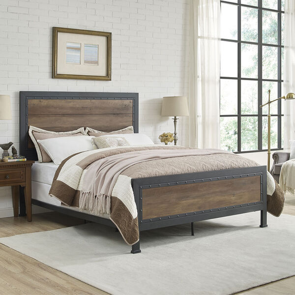 Queen Size Industrial Wood and Metal Bed - Rustic Oak, image 1