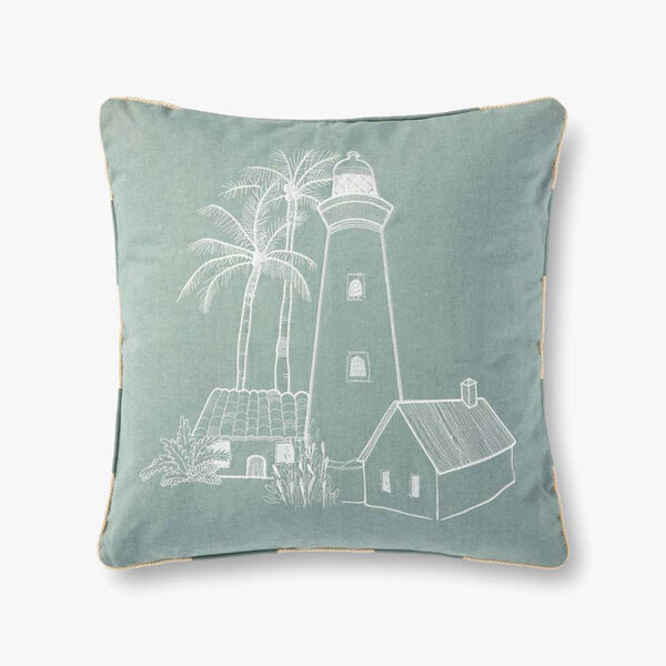 Blue Indoor/Outdoor Lighthouse and Palm Embroidered Throw Pillow, image 1