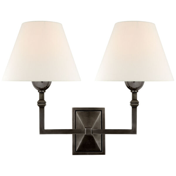 Jane Double Sconce in Gun Metal with Linen Shade by Alexa Hampton, image 1