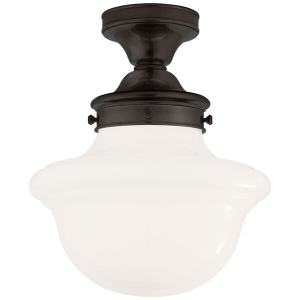 Edmond Flush Mount in Bronze with White School House Glass by Chapman and Myers, image 1
