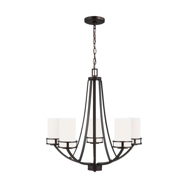 Robie Bronze Five-Light Chandelier with Etched White Inside Shade, image 1