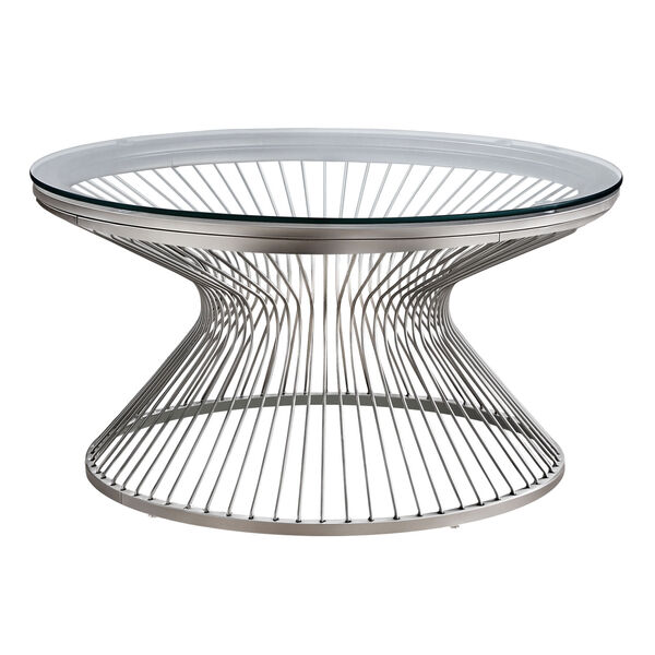 Silver Hourglass Base Coffee Table with Tempered Glass, image 1