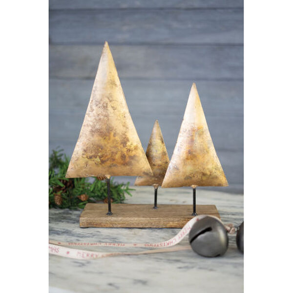Antique Gold Three Metal Christmas Trees On a Wooden Base, image 1