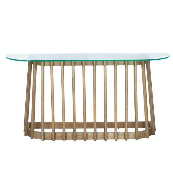 Catalina Distressed Wood Round Glass Top Slatted Console Table, image 1