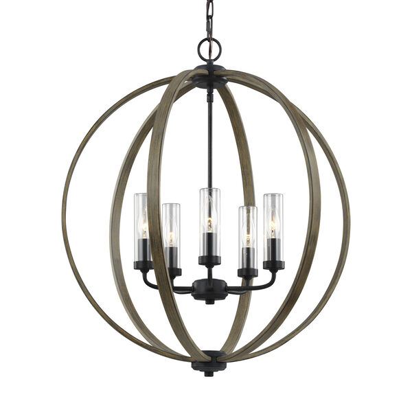 Allier Weathered Oak Wood  and  Antique Forged Iron Five-Light Chandelier, image 3