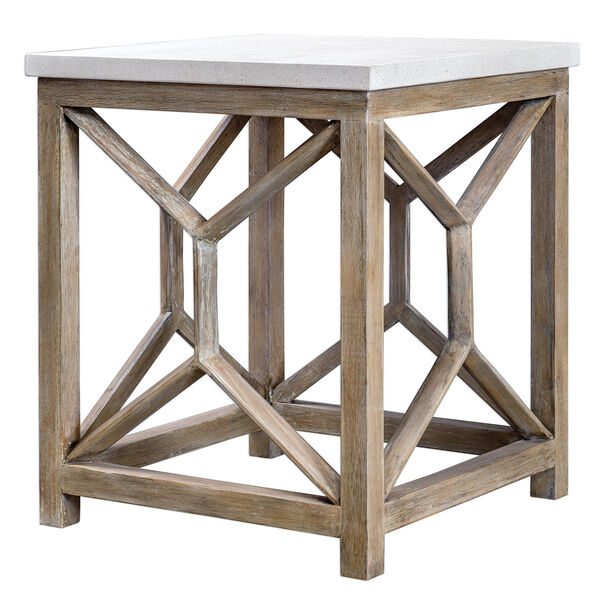 Catali Ivory Limestone and Oatmeal Washed Wood End Table, image 4