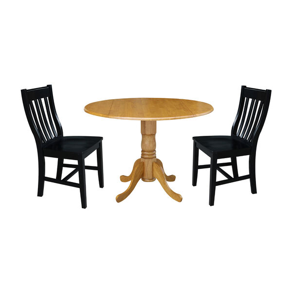 Oak and Black 42-Inch Dual Drop Leaf Table with Two Slat Back Dining Chair, Three-Piece, image 1