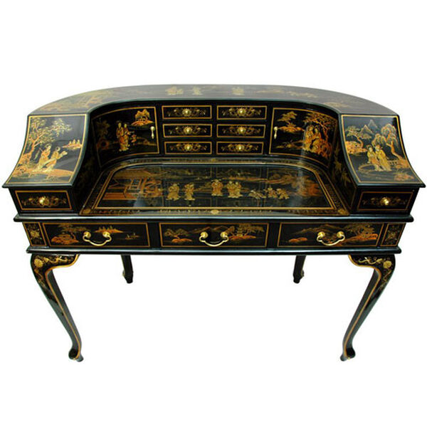 Black Lacquer Ladies Desk w/ Gold Chinoiserie, Width - 48 Inches, image 2