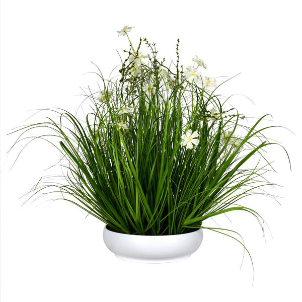 Green 25-Inch Cosmos Grass with White Pot, image 1