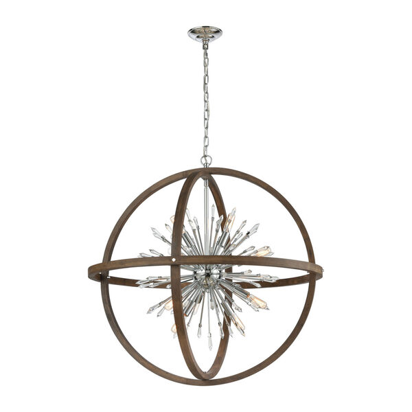 Morning Star Aged Wood and Polished Chrome Six-Light Chandelier, image 1