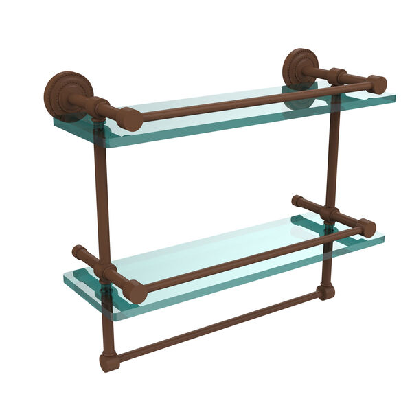 Dottingham 16 Inch Gallery Double Glass Shelf with Towel Bar, Antique Bronze, image 1