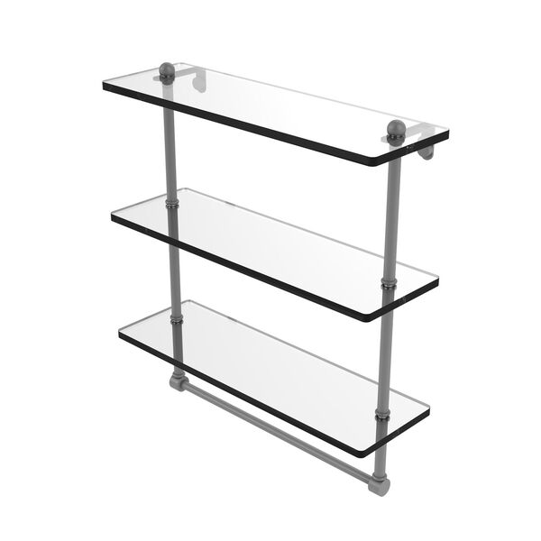 Matte Gray 16-Inch Triple Tiered Glass Shelf with Integrated Towel Bar, image 1