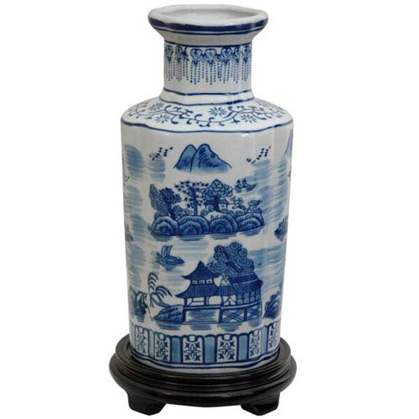 12 Inch Porcelain Vase Blue and White Landscape, Width - 6 Inches, image 1