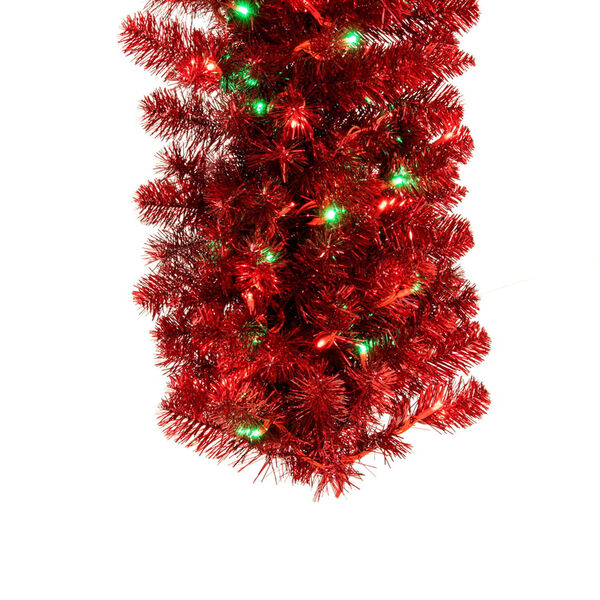Red 9 Ft. x 18 In. Artificial Deluxe Tinsel Christmas Garland with Red and Green Wide Angle Mini Lights, image 4