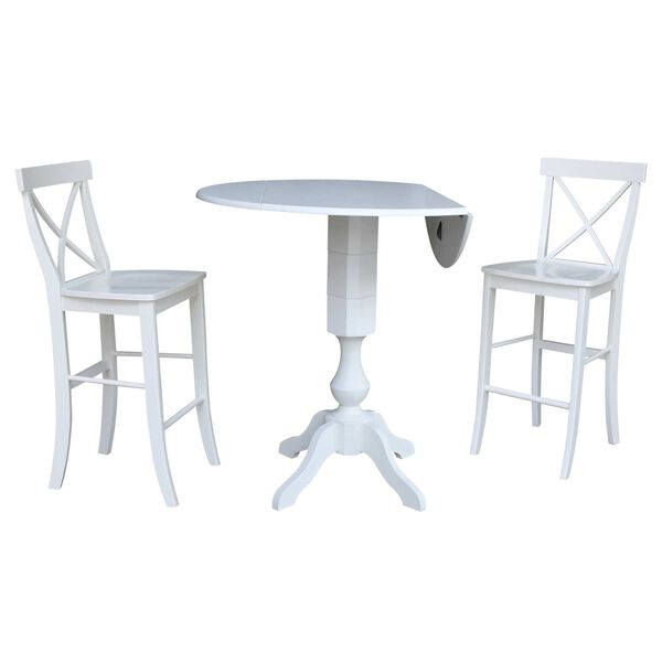 White 42-Inch High Round Pedestal Bar Height Drop Leaf Table with Stools, 3-Piece, image 1