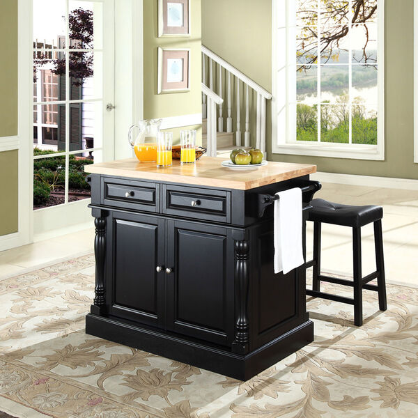 Butcher Block Top Kitchen Island in Black Finish with 24-Inch Black Upholstered Saddle Stools, image 4