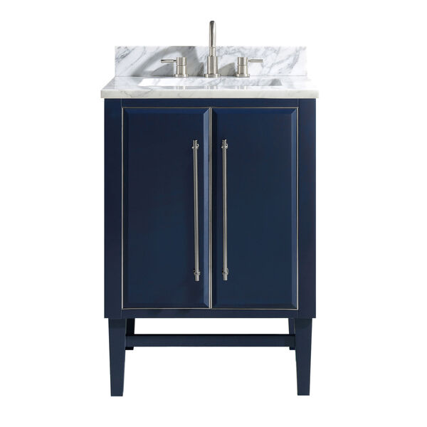 Navy Blue 25-Inch Bath vanity Set with Silver Trim and Carrara White Marble Top, image 1