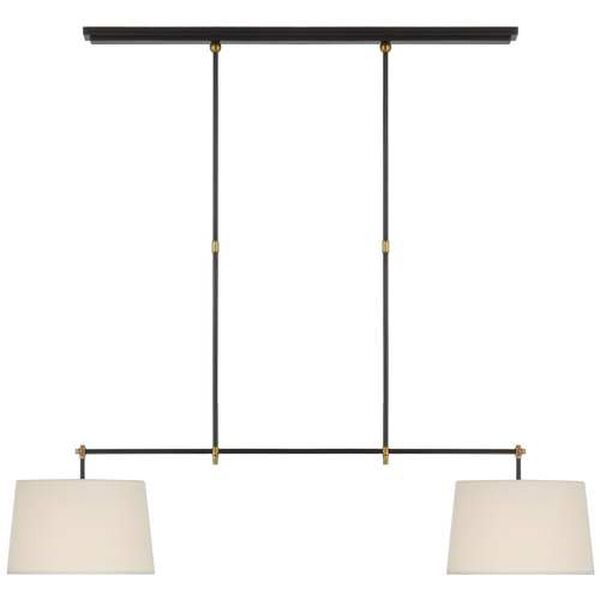 Bryant Bronze and Antique Brass Two-Light Medium Billiard with Linen Shades by Thomas O'Brien, image 1
