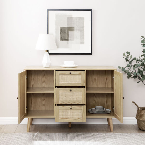 Natural Solid Wood and Rattan Sideboard with Three Drawers, image 3