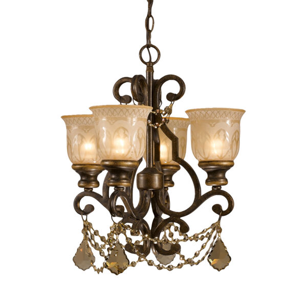 Norwalk Golden Teak Strass Crystal Wrought Iron Four-Light Chandelier with Amber Glass Pattern, image 1