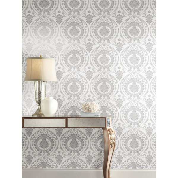 Damask Resource Library White and Silver 27 In. x 27 Ft. Imperial Wallpaper, image 2