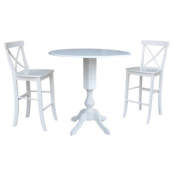 White 42-Inch High Round Pedestal Bar Height Drop Leaf Table with Stools, 3-Piece, image 3
