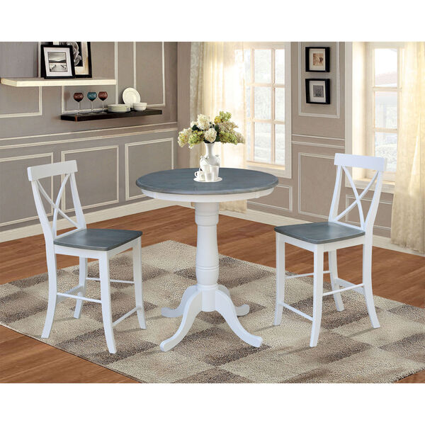 White and Heather Gray 30-Inch Round Pedestal Gathering Height Table With X-Back Counter Height Stools, Three-Piece, image 2
