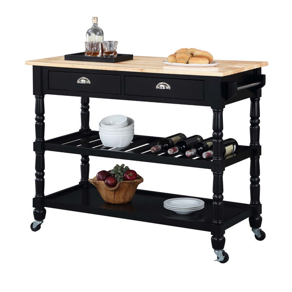 French Country Butcher Block Black Three-Tier Butcher Block Kitchen Cart with Drawers, image 3