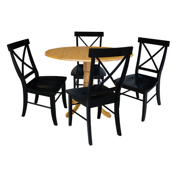 Oak and Black 42-Inch Dual Drop Leaf Table with Four Cross Back Dining Chair, Five-Piece, image 1