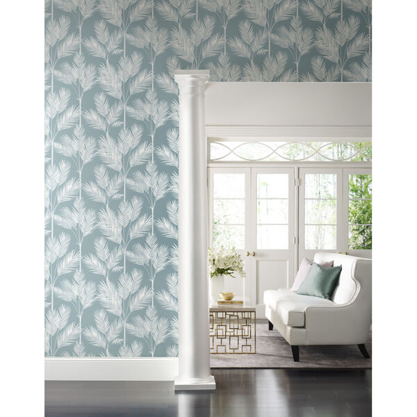 Waters Edge Blue King Palm Silhouette Pre Pasted Wallpaper, image 1