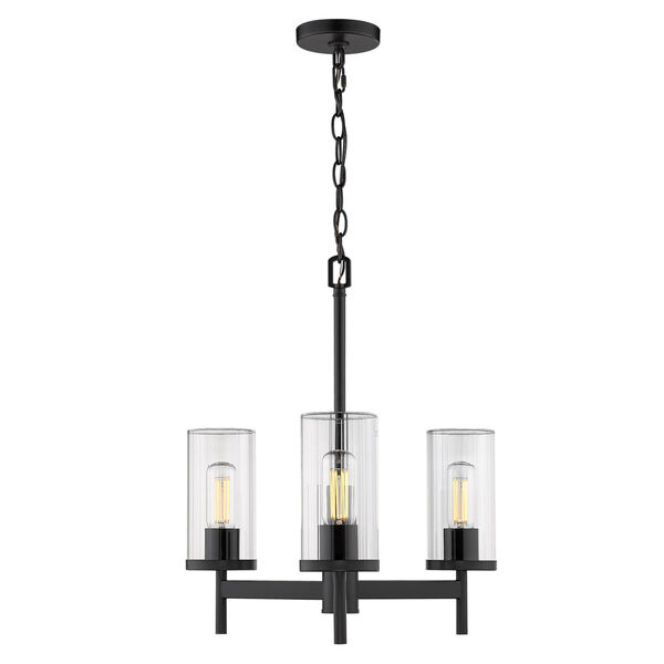Winslett Matte Black 20-Inch Three-Light Chandelier with Ribbed Clear Glass Shade, image 3