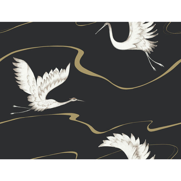 Black and Gold 27 In. x 27 Ft. Soaring Cranes Wallpaper, image 3