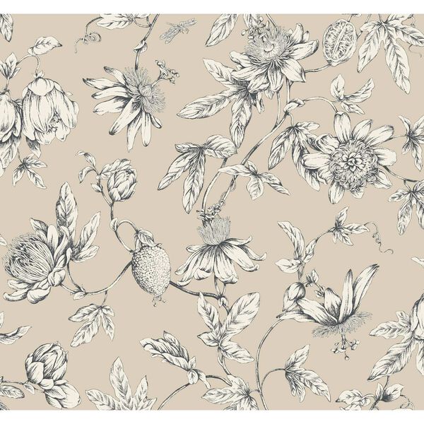 Passion Flower Toile Beige Wallpaper, image 2