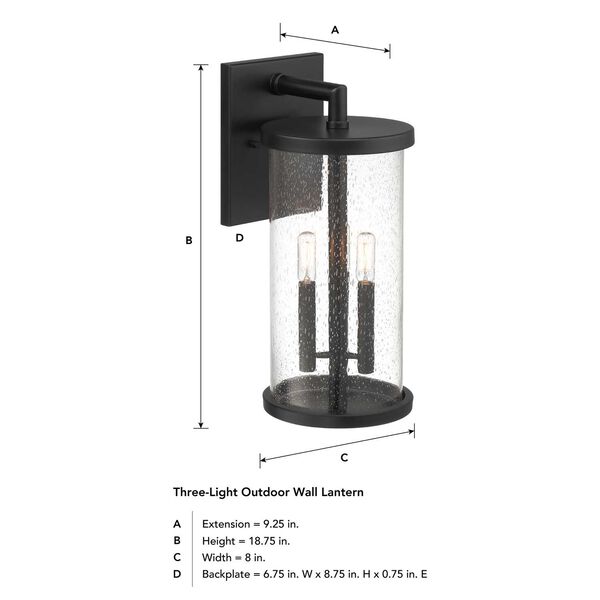 Otto Matte Black Three-Light Outdoor Wall Lantern with Clear Seedy Glass Shade, image 5