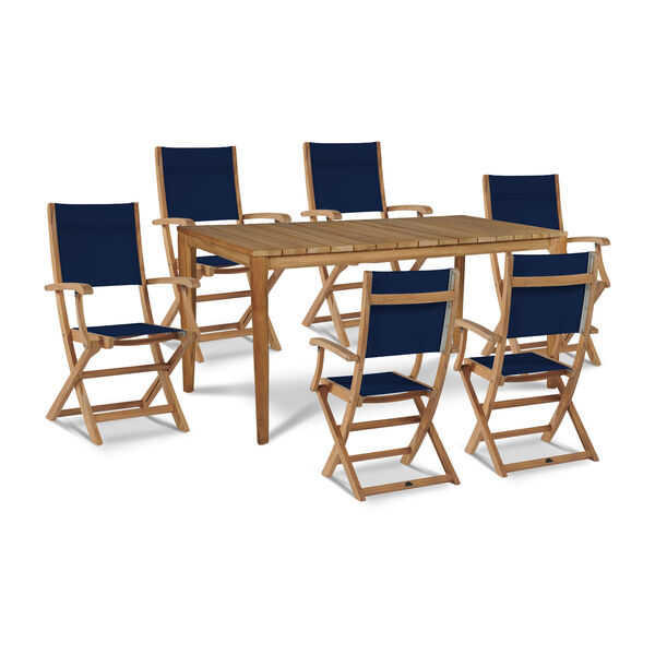 Del Ray Natural Teak Seven-Piece Rectangular Outdoor Dining Set with Navy Blue Textilene Fabric, image 1