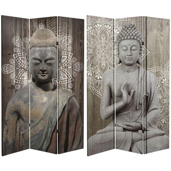 Tall Double Sided Stone Buddha Gray Canvas Room Divider, image 1