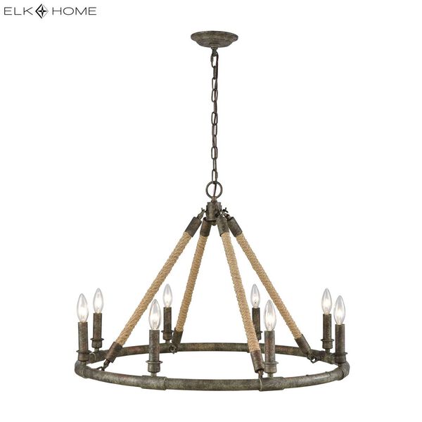 Big Sugar Grey Washed Wood and Antique Silver Mercury Glass Eight-Light Chandelier, image 2