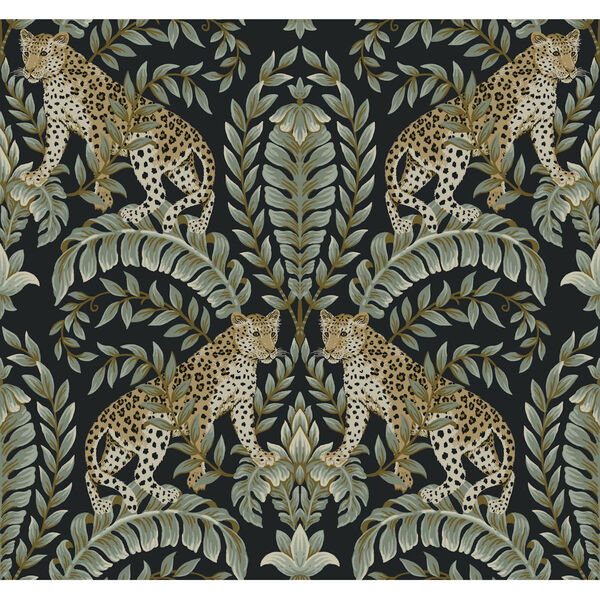 Ronald Redding 24 Karat Black and Green Jungle Leopard Wallpaper, image 2