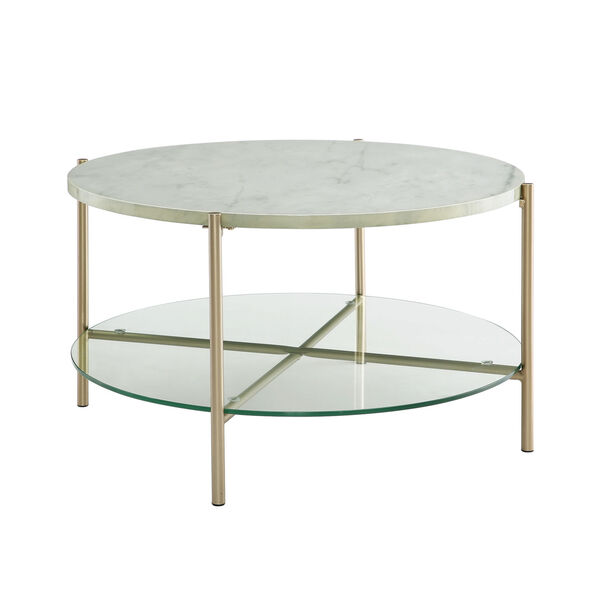 Glass Shelf, Gold Legs Round Coffee Table with White Marble Top, image 2