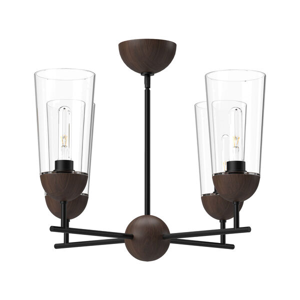 Emil Matte Black and Walnut Four-Light Chandelier with Clear Glass, image 1