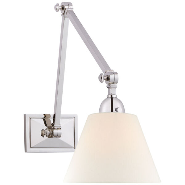 Jane Double Library Wall Light in Polished Nickel with Linen Shade by Alexa Hampton, image 1
