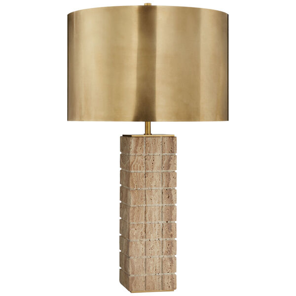 Pietra Large Hand Carved Table Lamp in Limestone with Antique-Burnished Brass Shade by Kelly Wearstler, image 1