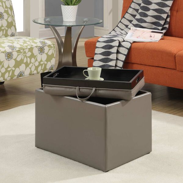 Designs4Comfort Taupe Gray Faux Leather Accent Storage Ottoman with Tray Top, image 2