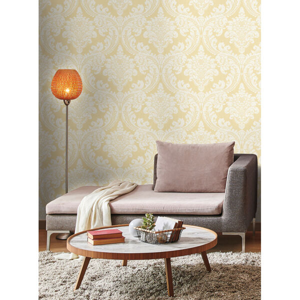 Grandmillennial Yellow Tapestry Damask Pre Pasted Wallpaper, image 6