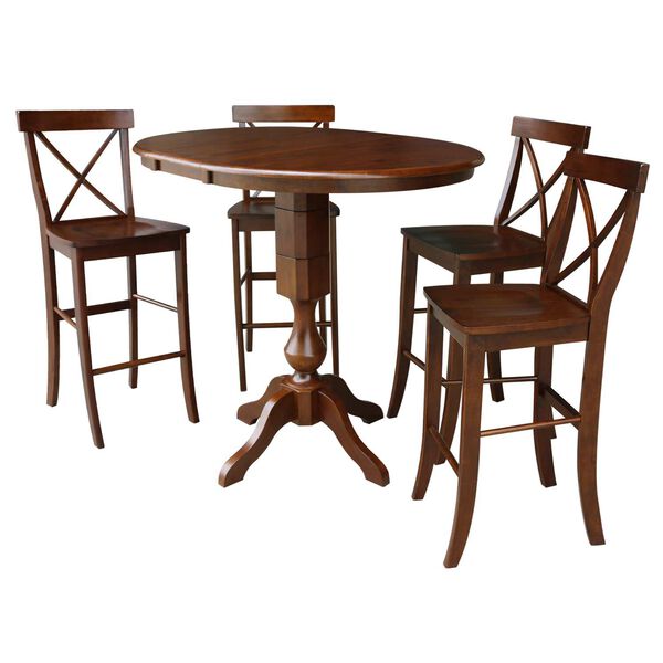 Espresso 36-Inch Round Bar Height Table with 12-Inch Leaf and X-Back Stools, 5-Piece, image 1