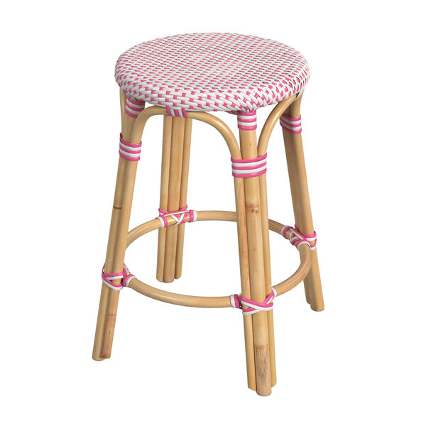 Tobias White and Pink Dot on Natural Rattan Counter Stool, image 1