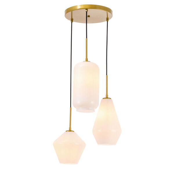 Gene Brass 17-Inch Three-Light Pendant with Frosted White Glass, image 4
