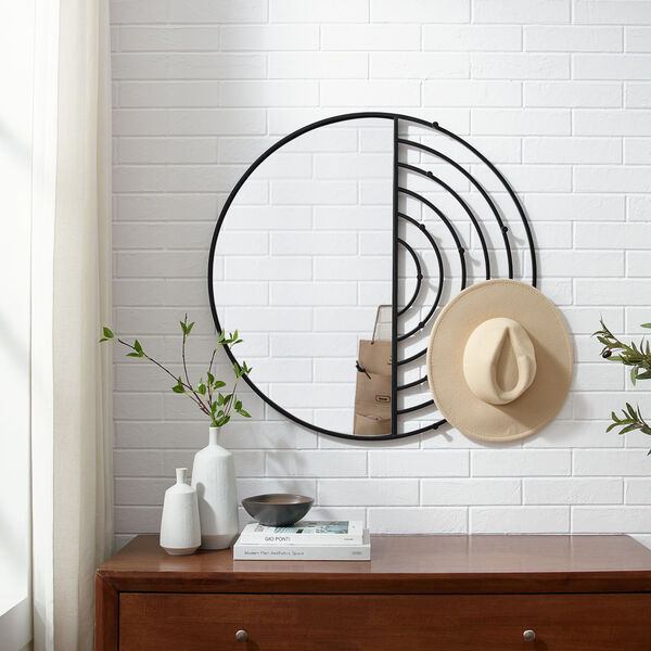 Elle Black Round Wall Mirror with Hooks, image 3