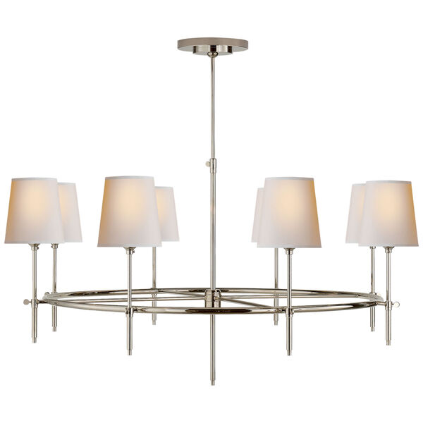 Bryant Large Ring Chandelier in Polished Nickel with Natural Paper Shades by Thomas O'Brien, image 1