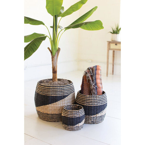 Rattan Wood Round Black Natural Seagrass Baskets, Set of Three, image 1